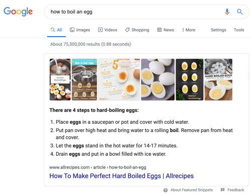 Google Featured Snippet example: how to boil an egg